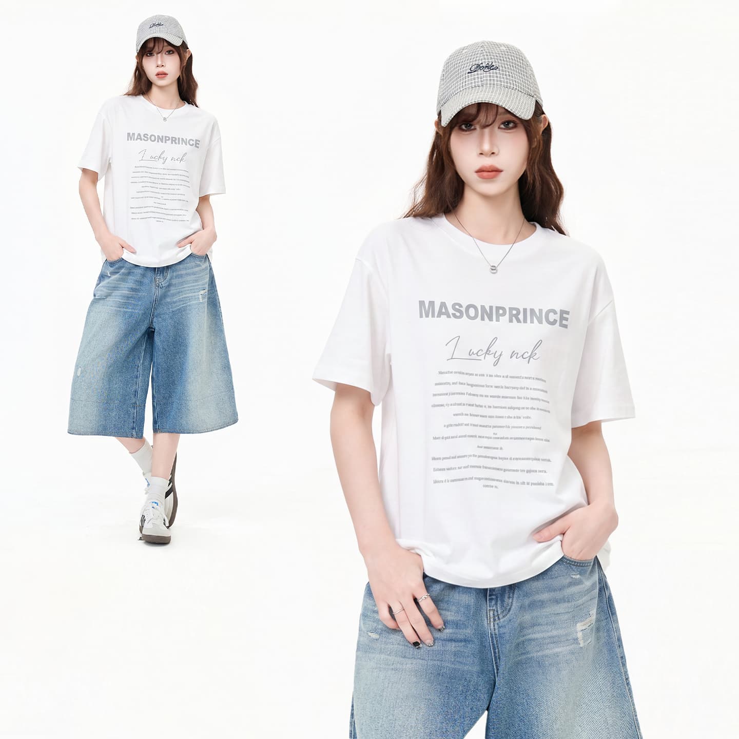 실사 정가 아메리칸 레트로 프린트 라운드 넥 반팔 티셔츠 여성 새로운 루즈핏 슬림해 보이는 화이트 긍정적 인 어깨 의류 여름 상세 이미지 1