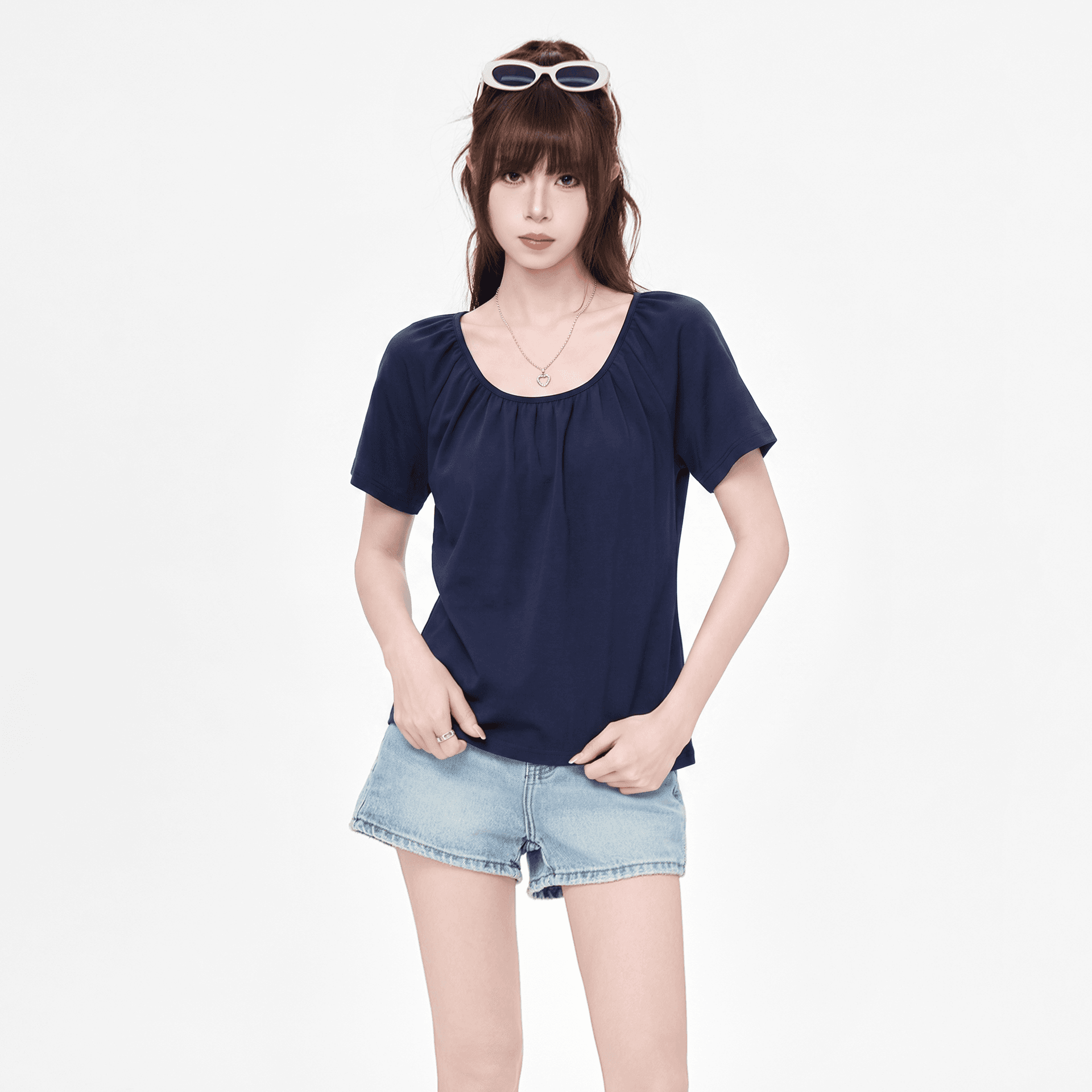 실사 정가 한 부서 해군 u 칼라 긍정적 인 어깨 반팔 티셔츠 여성 여름 느긋한 루즈핏 슬림해 보이는 쇼트 스타일 품격 맨위 이미지 4