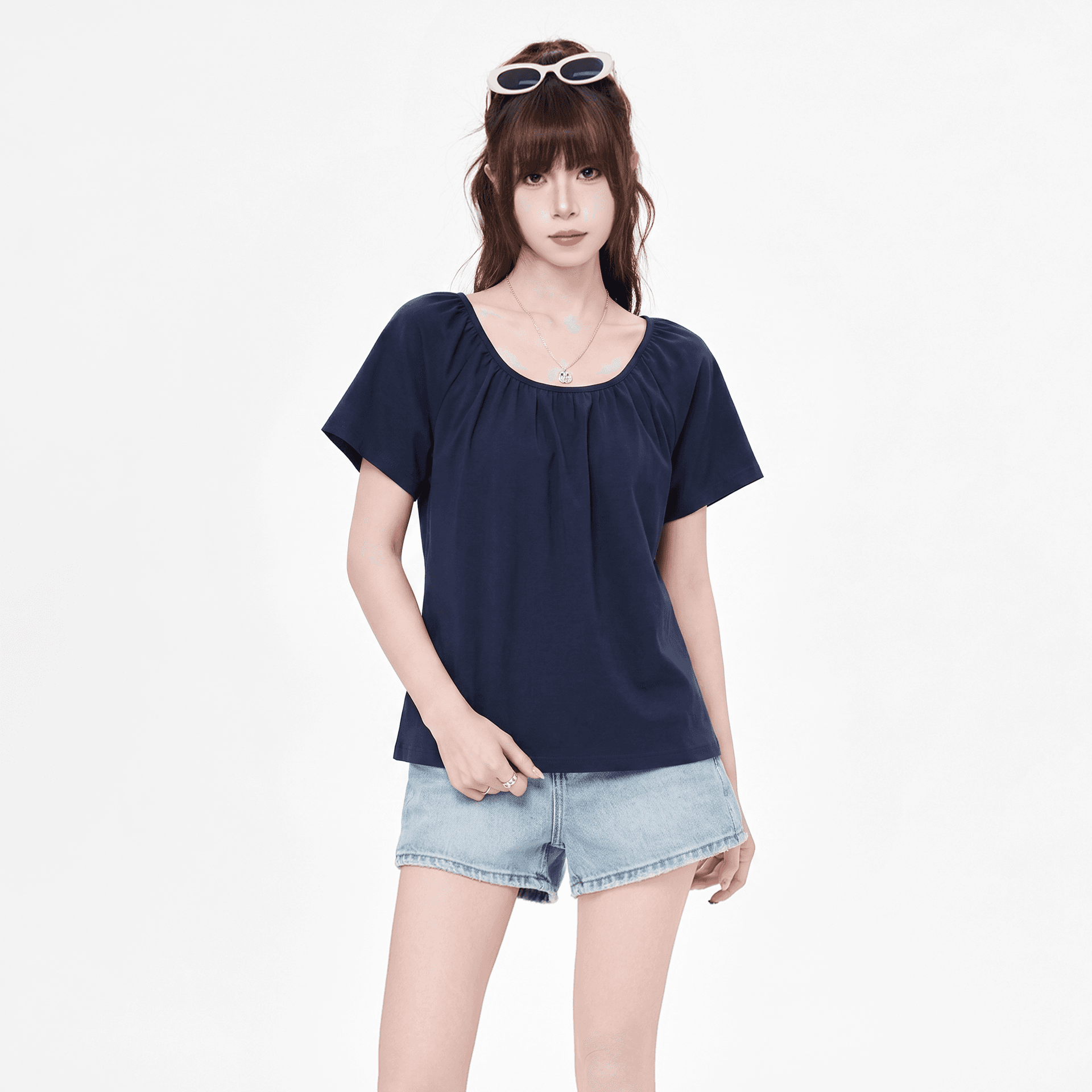 실사 정가 한 부서 해군 u 칼라 긍정적 인 어깨 반팔 티셔츠 여성 여름 느긋한 루즈핏 슬림해 보이는 쇼트 스타일 품격 맨위 이미지 2