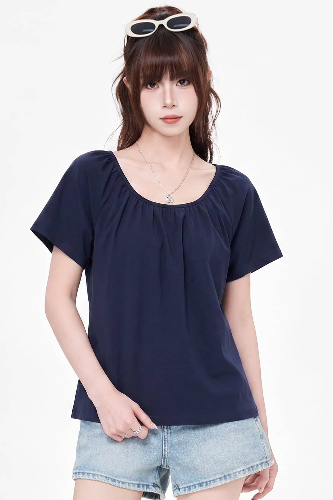실사 정가 한 부서 해군 u 칼라 긍정적 인 어깨 반팔 티셔츠 여성 여름 느긋한 루즈핏 슬림해 보이는 쇼트 스타일 품격 맨위 이미지 6