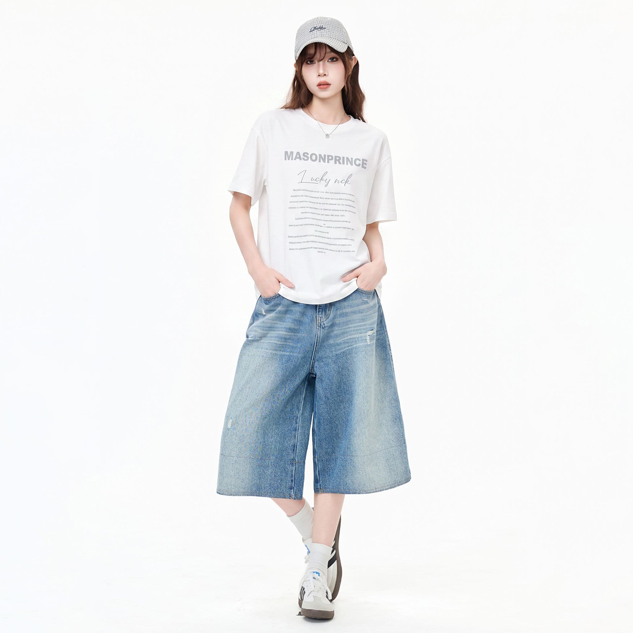 실사 정가 아메리칸 레트로 프린트 라운드 넥 반팔 티셔츠 여성 새로운 루즈핏 슬림해 보이는 화이트 긍정적 인 어깨 의류 여름 이미지 4