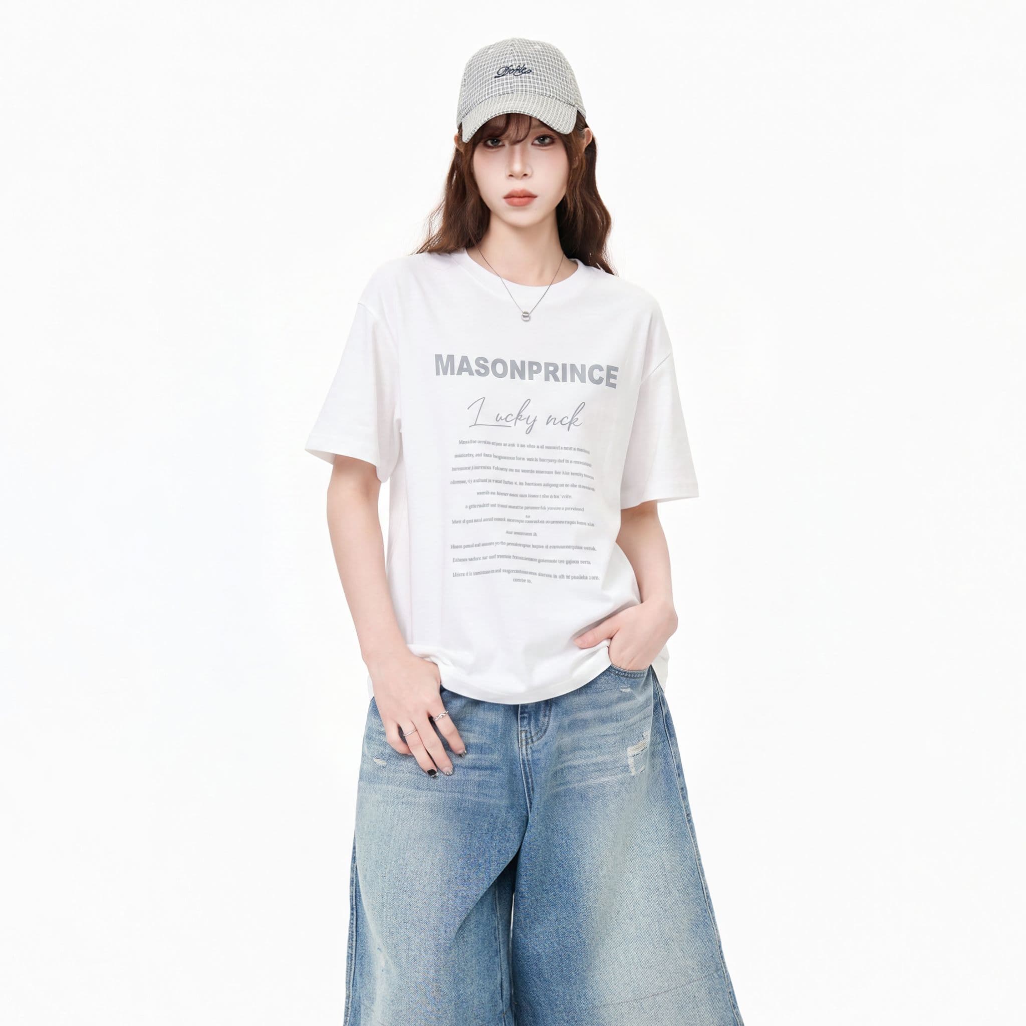 실사 정가 아메리칸 레트로 프린트 라운드 넥 반팔 티셔츠 여성 새로운 루즈핏 슬림해 보이는 화이트 긍정적 인 어깨 의류 여름 상세 이미지 4