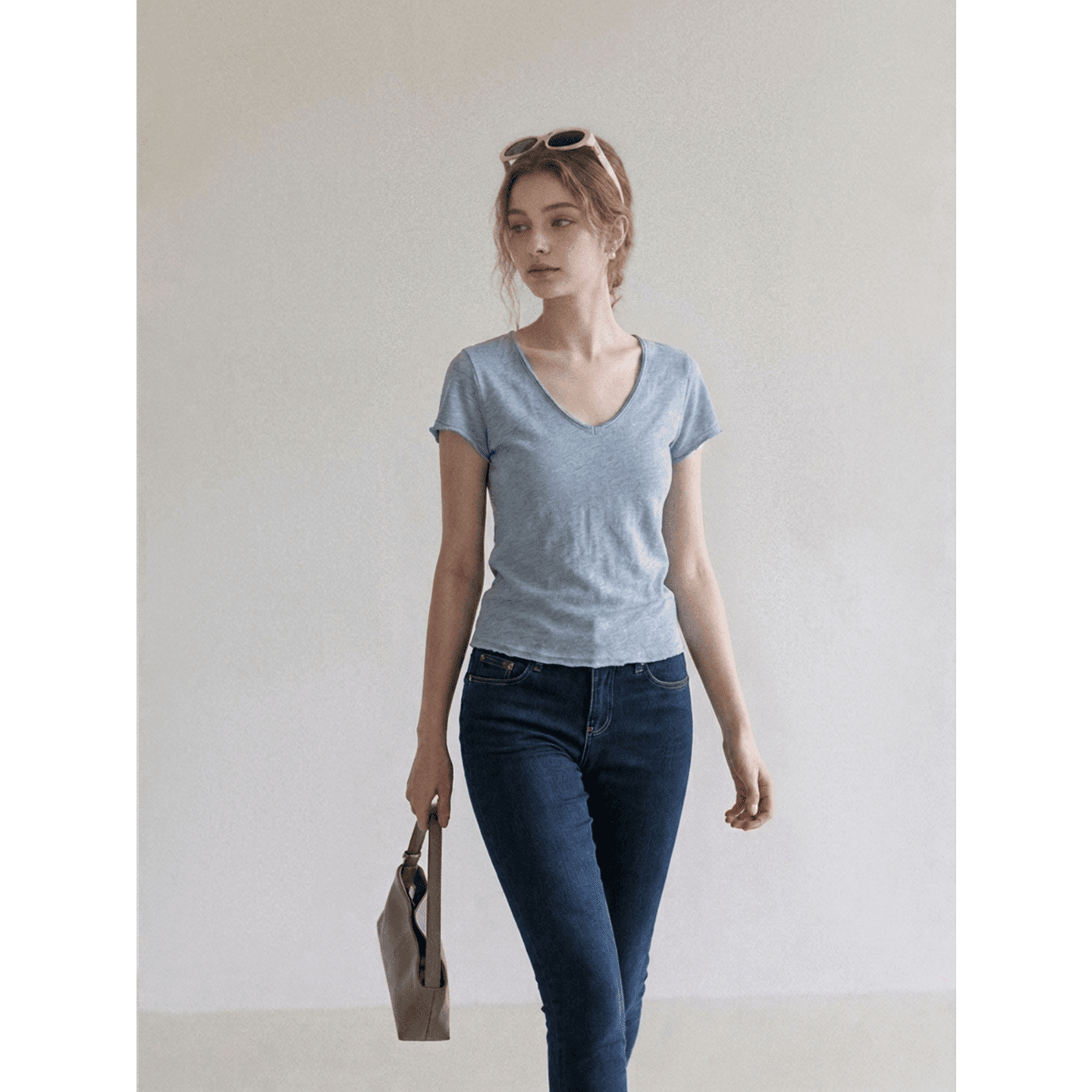 실사 정가 베이지 색 V넥 긍정적 인 어깨 기초 섹션 반팔 티셔츠 여성 여름 얇은 스타일 마이크로 ~을 통해 루즈핏 품격 맨위 상세 이미지 5
