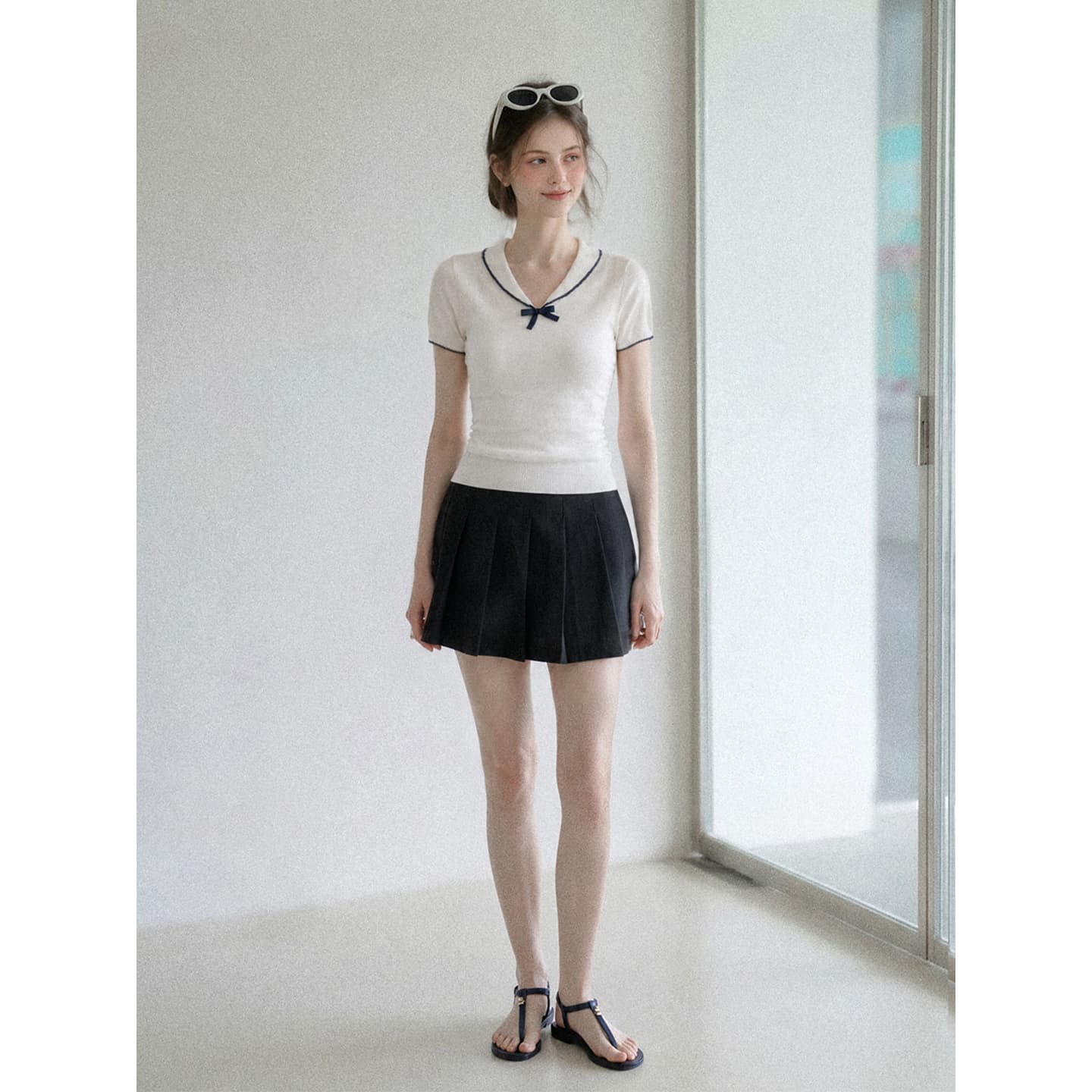실사 정가 한 부서 연령 감소 v 반팔 티셔츠 여성 여름 새로운 배색 나비 매듭 다용도 달콤함 허리 수축 맨위 상세 이미지 6
