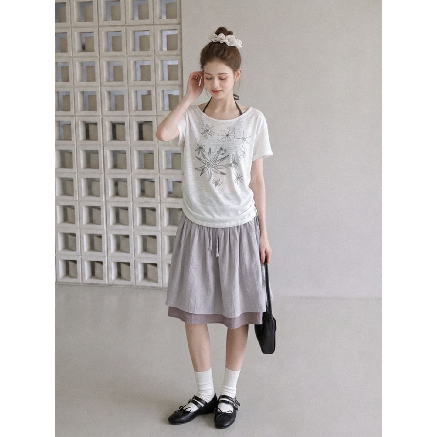 실사 정가 배색 페이크 레이어드 프린트 주름 허리 수축 반팔 티셔츠 여성 여름 행침 목 레이스업 루즈핏 맨위 상세 이미지 6