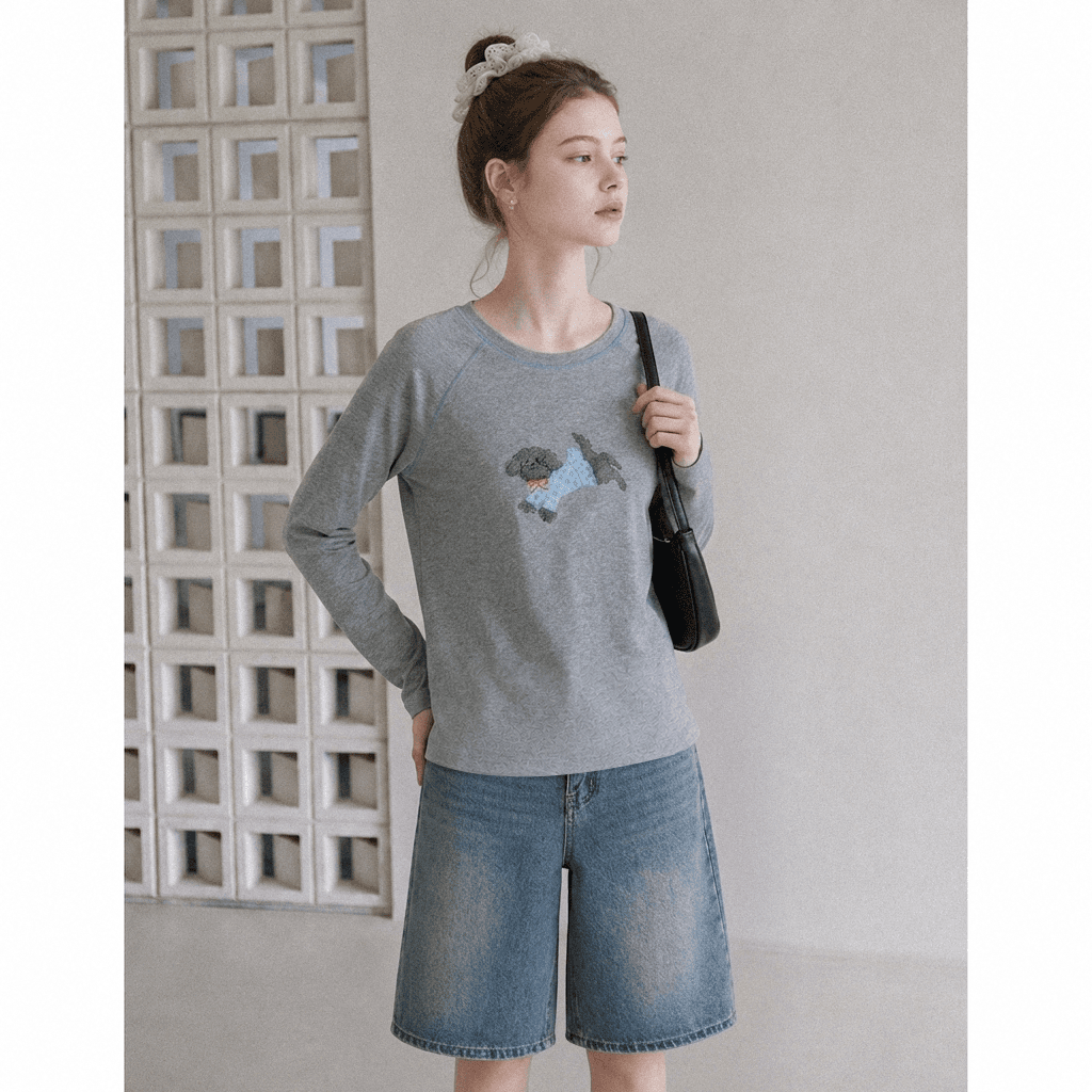실사 정가 한 부서 귀여운 강아지 프린트 라운드 넥 긴팔 티셔츠 여성 가을 섹션 몸매 가꾸기 슬림해 보이는 연령 감소 맨위 상세 이미지 4