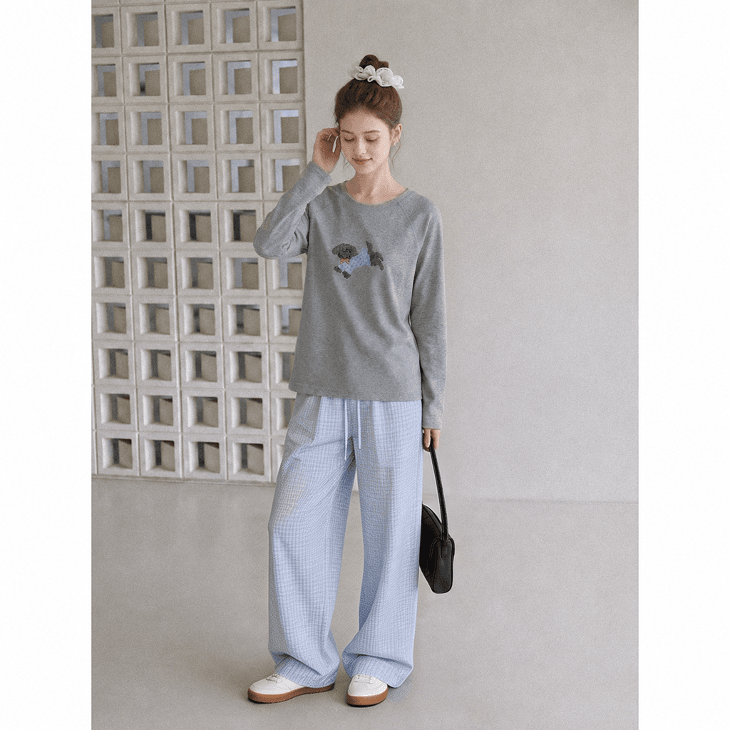 실사 정가 한 부서 귀여운 강아지 프린트 라운드 넥 긴팔 티셔츠 여성 가을 섹션 몸매 가꾸기 슬림해 보이는 연령 감소 맨위 상세 이미지 6