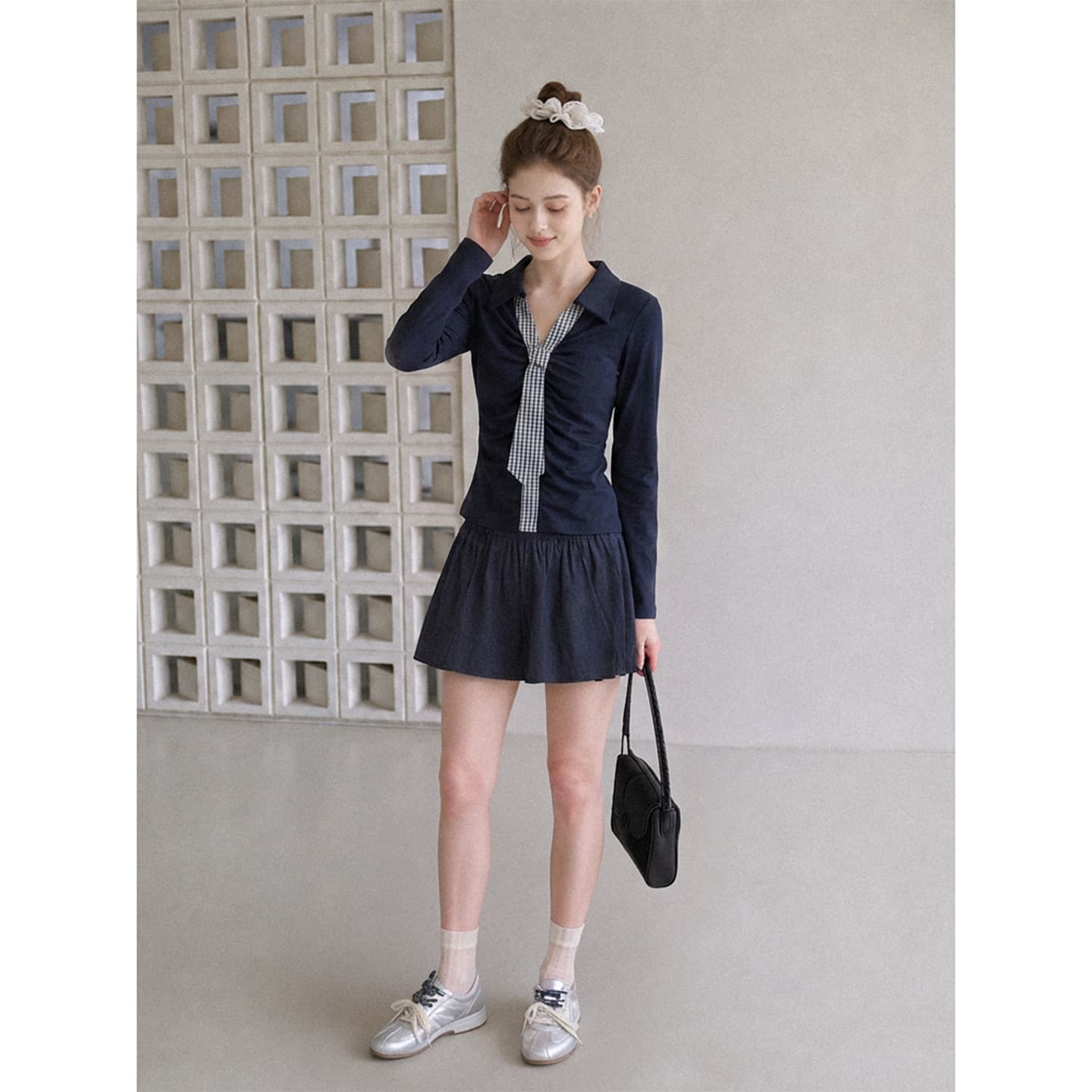 실사 정가 학원 스타일 회색 긴팔 티셔츠 여성 2026 가을 polo 폴로 칼라 체크무늬 넥타이 Chic 맨위 이미지 2
