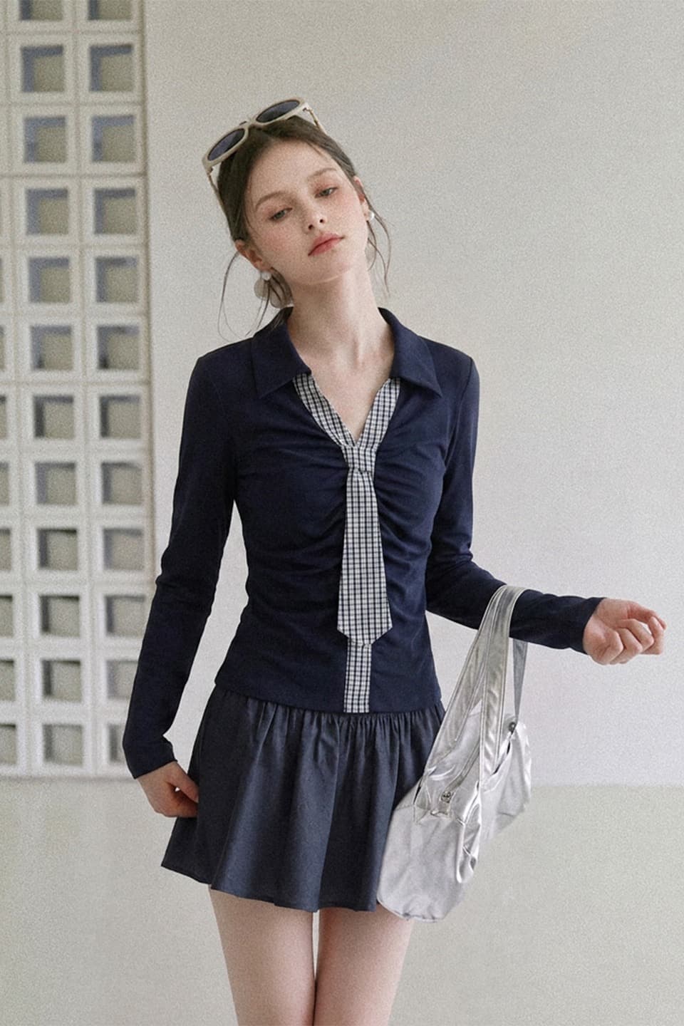 실사 정가 학원 스타일 회색 긴팔 티셔츠 여성 2026 가을 polo 폴로 칼라 체크무늬 넥타이 Chic 맨위 이미지 6