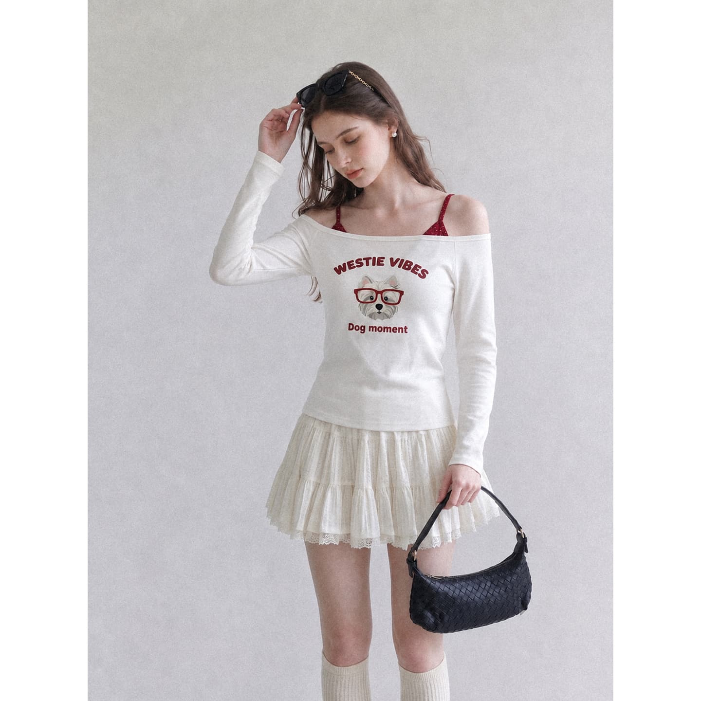 실사 정가 한 부서 오프숄더 페이크 레이어드 강아지 프린트 긴팔 티셔츠 여성 가을 도트 무늬 어깨끈 몸매 가꾸기 맨위 이미지 5