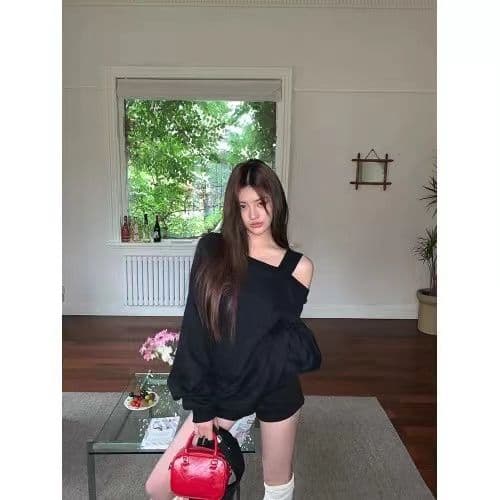 모방 후아 면 복합 루즈핏 비스듬한 어깨 의류 봄 가을 새로운 디자인 센스 작은 대중 oversize 오프숄더 후드티 이미지 2