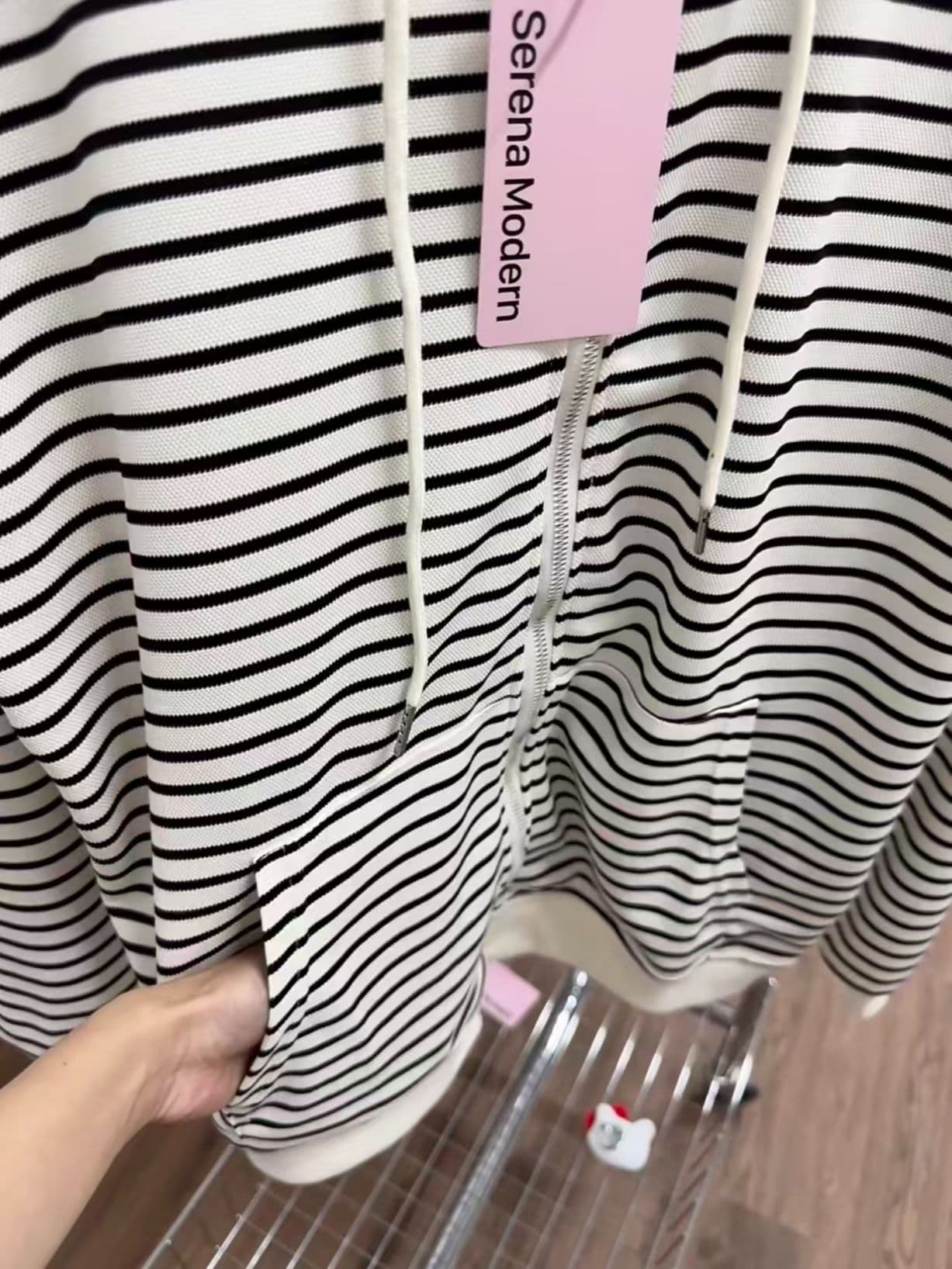 한 부서 학원 스타일 스트라이프 루즈핏 착용 가져 가라. 다용도 스트라이프 후드 티 스웨터 느긋한 바람 재킷 상세 이미지 4