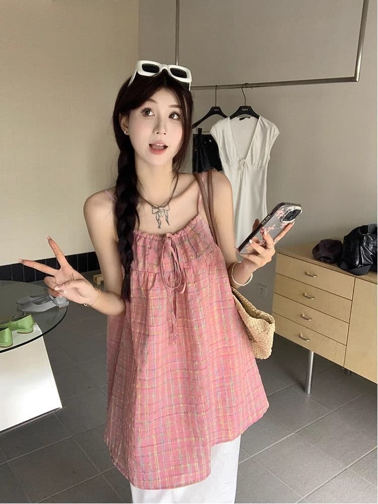 배색 체크무늬 레이스업 캐미솔 여름 2026 새로운 한 부서 루즈핏 캐주얼 연령 감소 다용도 맨위 트렌디