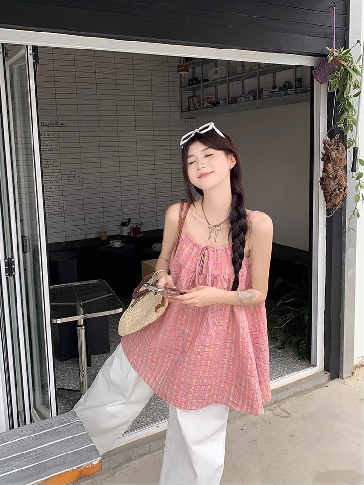배색 체크무늬 레이스업 캐미솔 여름 2026 새로운 한 부서 루즈핏 캐주얼 연령 감소 다용도 맨위 트렌디 이미지 2