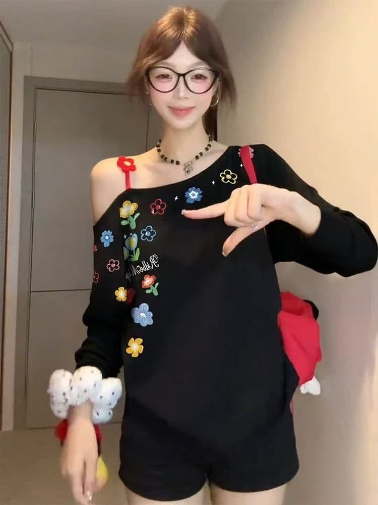 92 비스코스 섬유 8 암모니아 Lun 낙서 비스듬한 어깨 긴팔 티셔츠 여성 레트로 오프숄더 핫걸 맨위 이미지 4