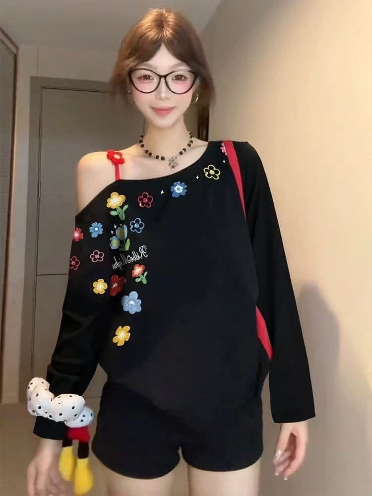 92 비스코스 섬유 8 암모니아 Lun 낙서 비스듬한 어깨 긴팔 티셔츠 여성 레트로 오프숄더 핫걸 맨위 상세 이미지 1