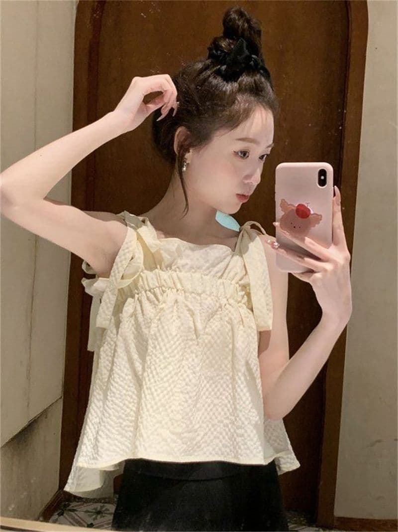 광저우 원본 주름 천 달콤한 핫걸 프릴 캐미솔 여름 디자인 센스 작은 대중 귀여운 맨위 트렌디 상세 이미지 2
