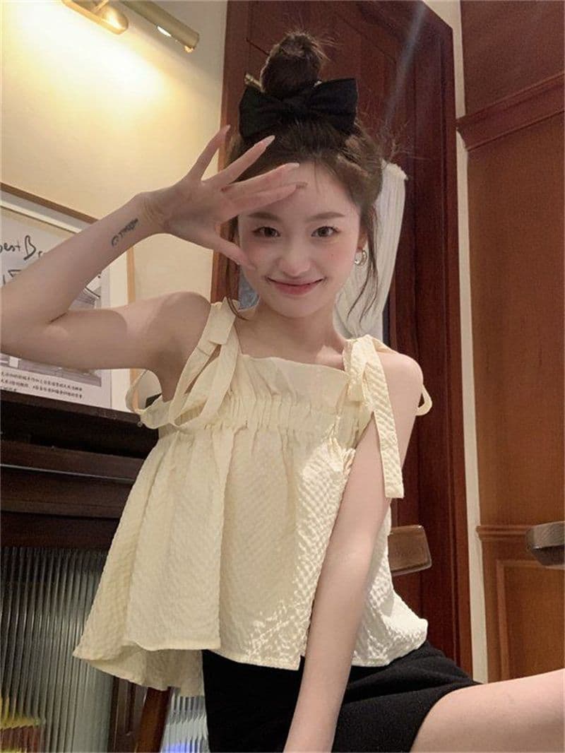 광저우 원본 주름 천 달콤한 핫걸 프릴 캐미솔 여름 디자인 센스 작은 대중 귀여운 맨위 트렌디 상세 이미지 5