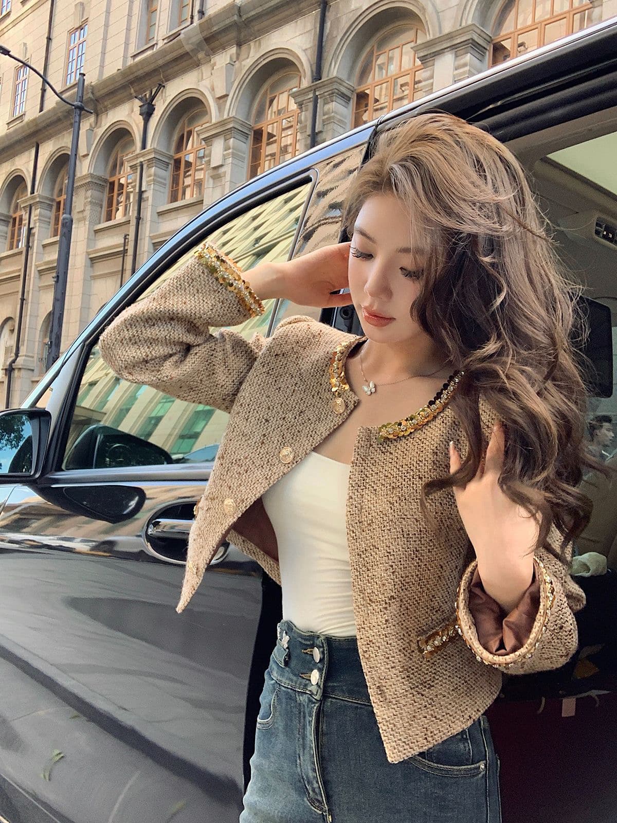 고급 센스 작은 샤넬 스타일 금 짜임 스팽글 양모 니트 짧은 여성 코트 라운드 넥 비즈 박기 외국 가스 미니 스커트 이미지 2