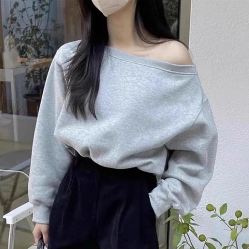 한국 chic 가을 겨울 작은 대중 품격 보트넥 오프숄더 루즈핏 캐주얼 다용도 쇼트 스타일 긴팔 단색 후드티 여성