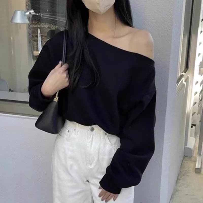 한국 chic 가을 겨울 작은 대중 품격 보트넥 오프숄더 루즈핏 캐주얼 다용도 쇼트 스타일 긴팔 단색 후드티 여성 상세 이미지 2