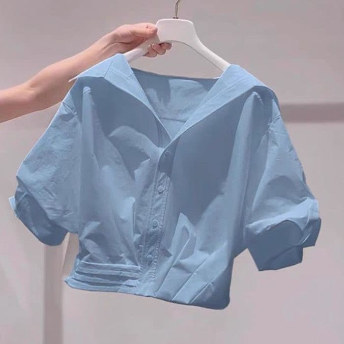 파란색 프랑스식 폴로 칼라 거품 소매 여성 셔츠 여름 2025 새로운 달콤함 연령 감소 느긋한 바람 짧은 상세 이미지 2