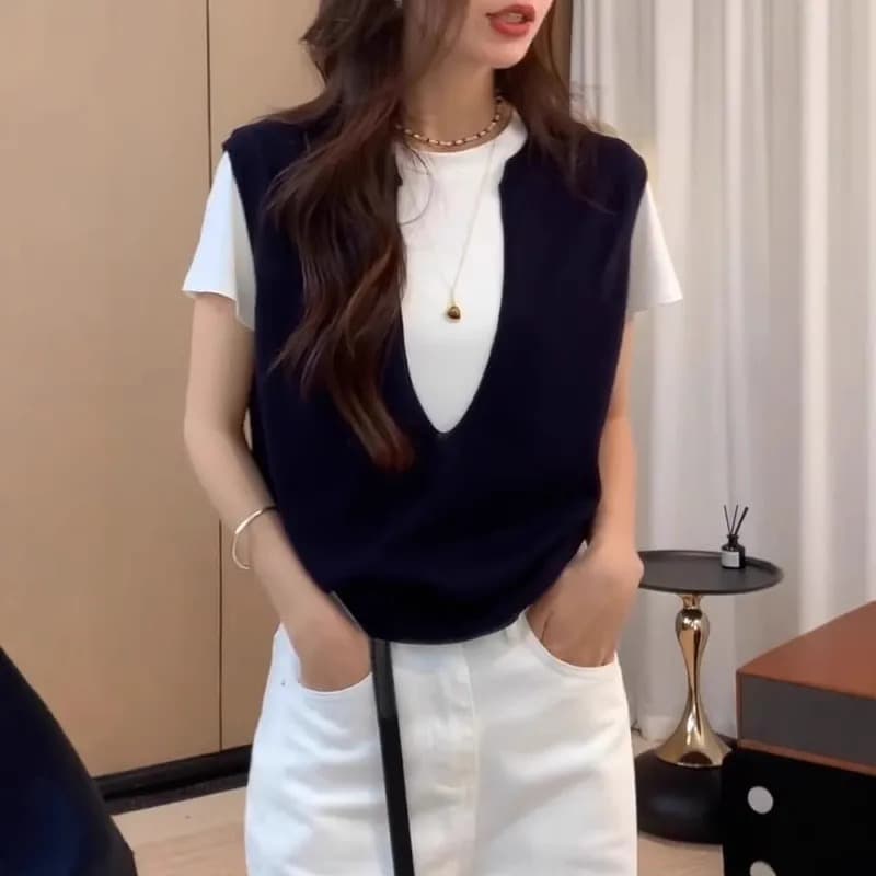 고급 센스 페이크 레이어드 반팔 티셔츠 여성 의류 빅 사이즈 여름 새로운 지방 mm 표지 고기 얇은 스타일 루즈핏