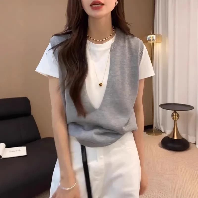 고급 센스 페이크 레이어드 반팔 티셔츠 여성 의류 빅 사이즈 여름 새로운 지방 mm 표지 고기 얇은 스타일 루즈핏 상세 이미지 3