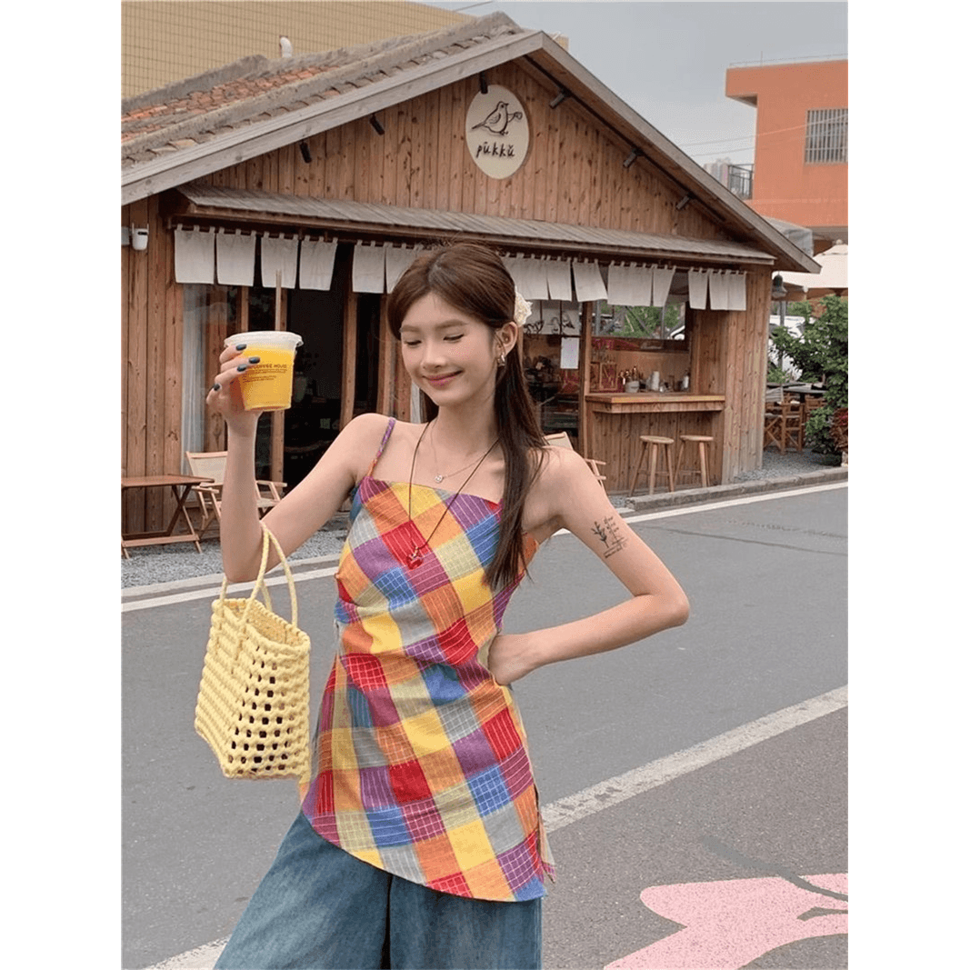 원본 품질 빗 제직 색상 그리드 도파민 색상 체크무늬 캐미솔 디자인 불규칙 맨위 상세 이미지 1