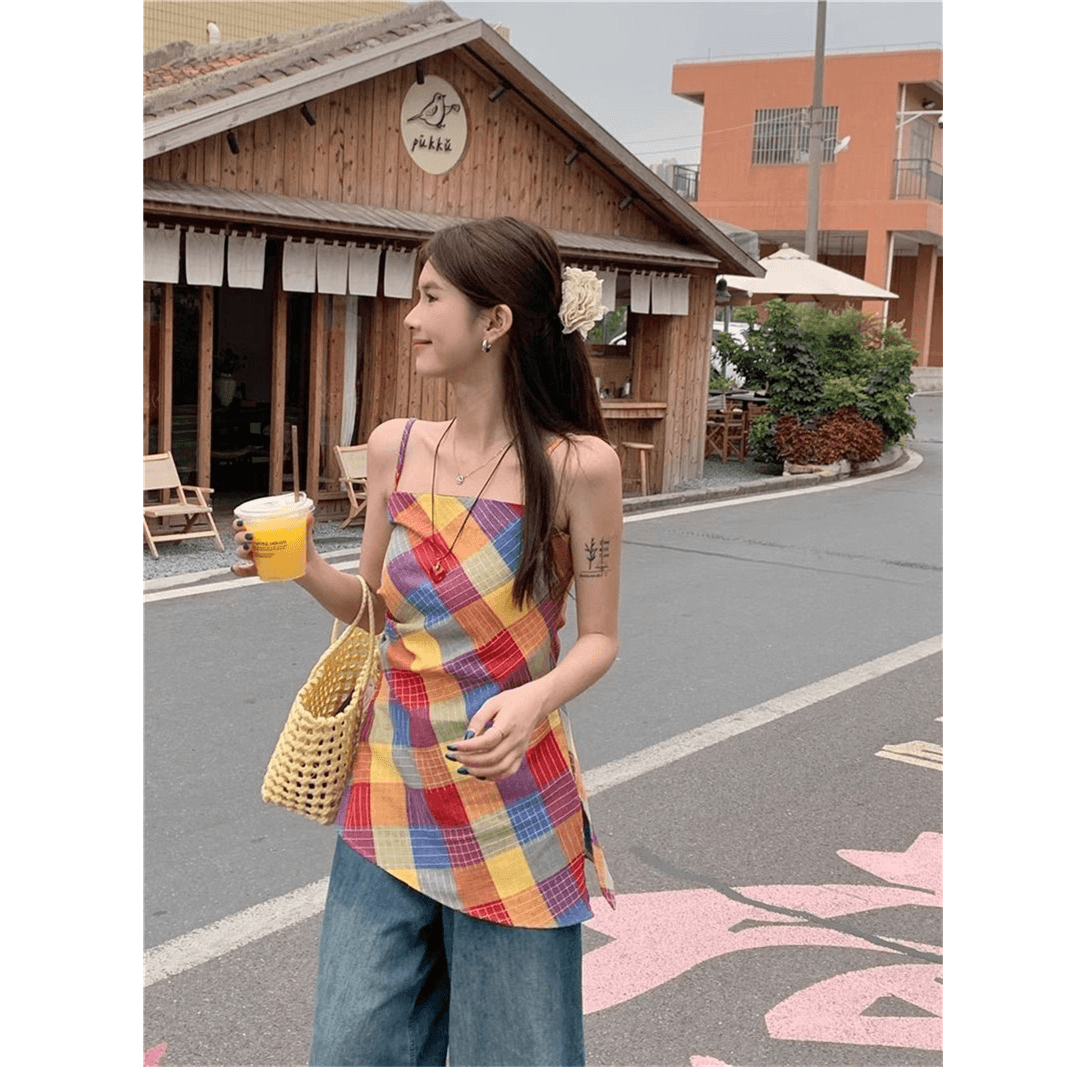 원본 품질 빗 제직 색상 그리드 도파민 색상 체크무늬 캐미솔 디자인 불규칙 맨위 상세 이미지 2