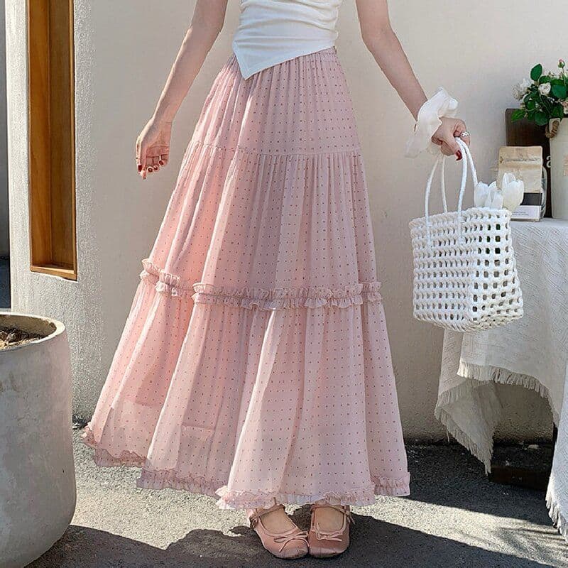 프릴 도트 무늬 쉬폰 플리츠 스커트 케이크 반신 스커트 여성 봄 가을 하이웨이스트 슬림해 보이는 도루 센스 한 마디 큰 진자 롱 스커트 상세 이미지 4