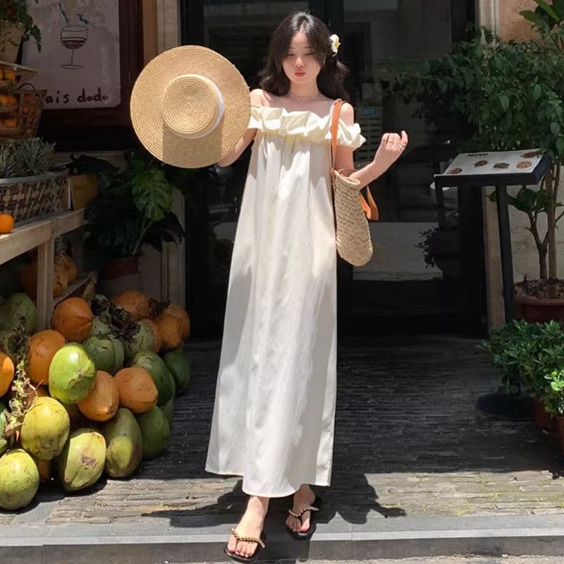 원본 것 있음 네리 프랑스식 오프숄더 슬립 드레스 느긋한 고급 센스 오프숄더 해변가 휴가 바람 치마 상세 이미지 5
