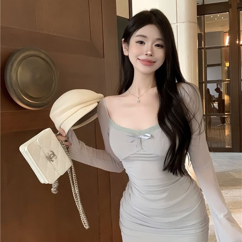 순수한 욕망 핫걸 섹시함 마이크로 ~을 통해 망사 나팔 긴팔 여성 드레스 가을 나비 매듭 주름 허리 수축 타이트 스커트 이미지 5