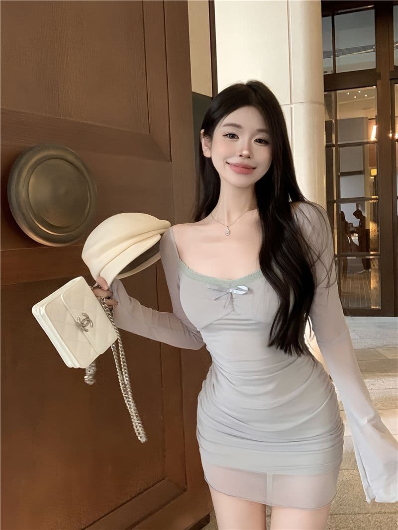 순수한 욕망 핫걸 섹시함 마이크로 ~을 통해 망사 나팔 긴팔 여성 드레스 가을 나비 매듭 주름 허리 수축 타이트 스커트 상세 이미지 5