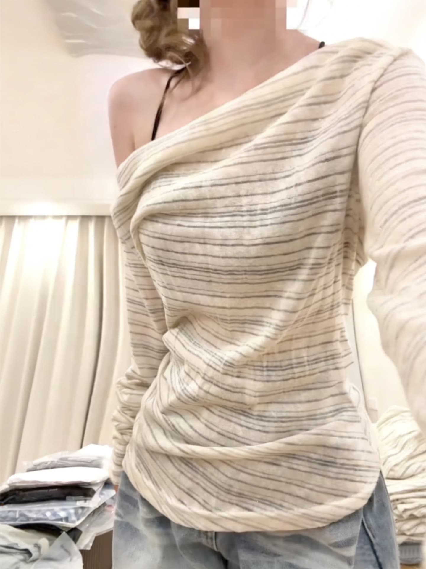원본 은사 대나무 마디 마 오프숄더 스트라이프 블라우스 여성 새로운 보트넥 긴팔 몸매 가꾸기 상세 이미지 1