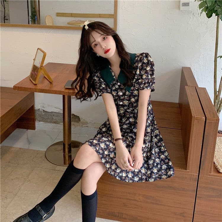 거품 소매 여성 드레스 여름 폴로 칼라 레트로 프랑스식 작은 키 꽃무늬 치마 허리 수축 슬림해 보이는 치마 상세 이미지 2