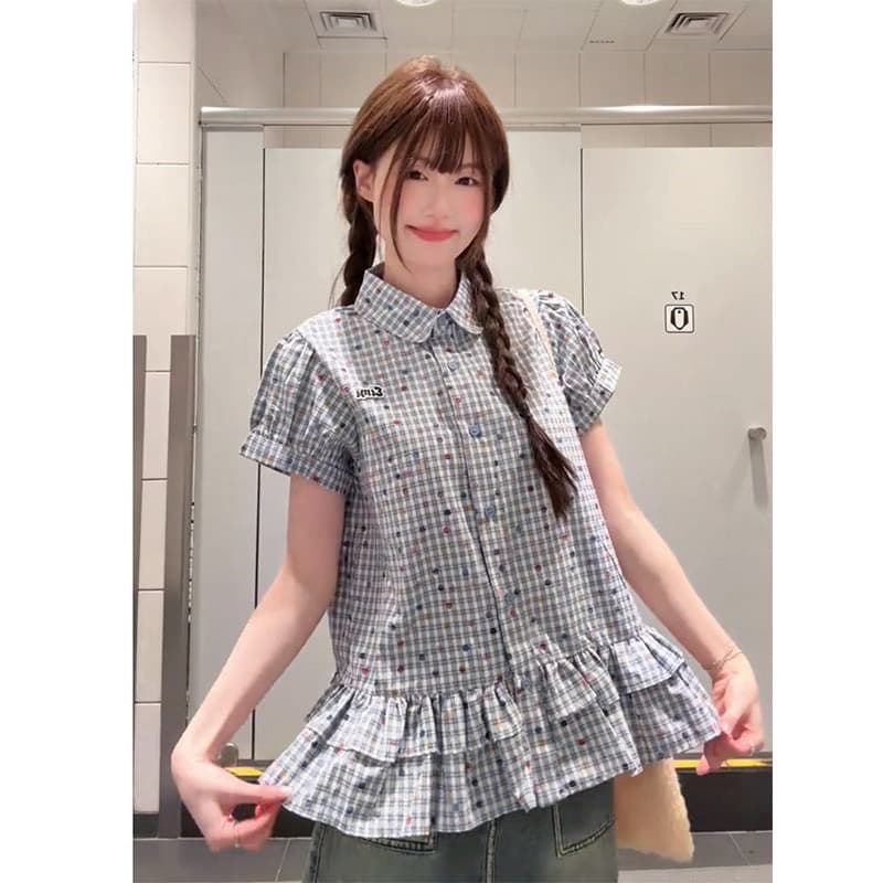 한 부서 레트로 파란색 체크무늬 반팔 여성 셔츠 여름 루즈핏 학원 스타일 허리 수축 폴로 칼라