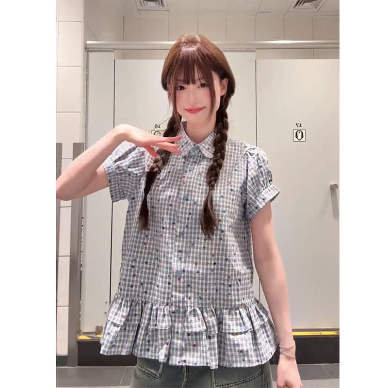 한 부서 레트로 파란색 체크무늬 반팔 여성 셔츠 여름 루즈핏 학원 스타일 허리 수축 폴로 칼라 이미지 4