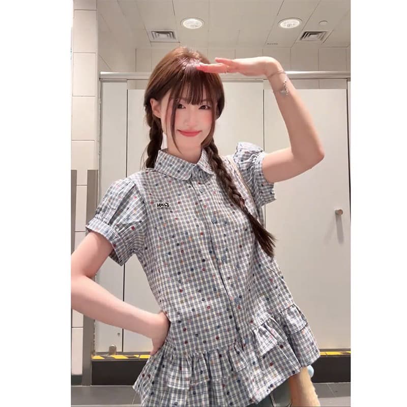 한 부서 레트로 파란색 체크무늬 반팔 여성 셔츠 여름 루즈핏 학원 스타일 허리 수축 폴로 칼라 상세 이미지 3