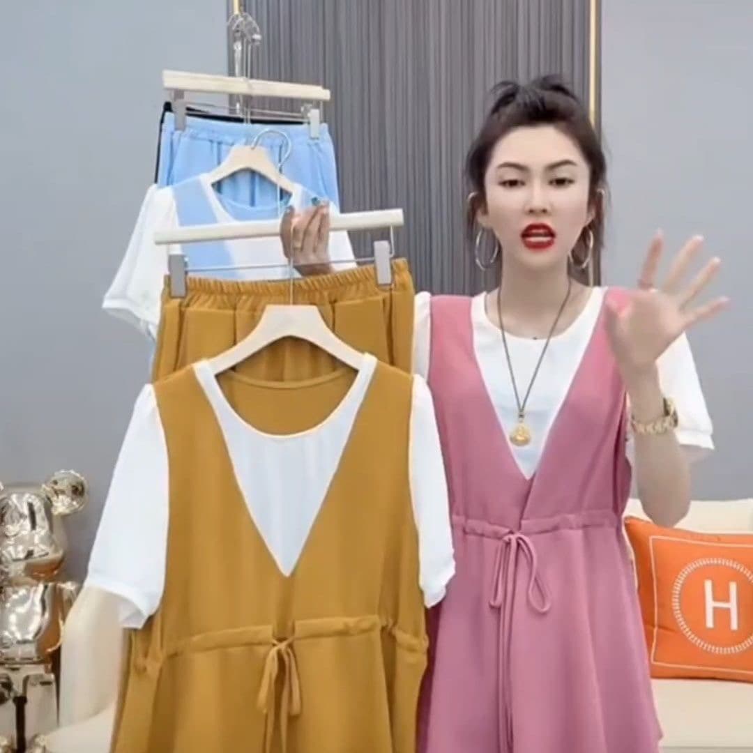 폭발 빅 사이즈 여성 의류 mm 여름 허리 수축 배색 페이크 레이어드 반팔 패션 연령 감소 외국 가스 다용도 루즈핏 맨위 상세 이미지 5