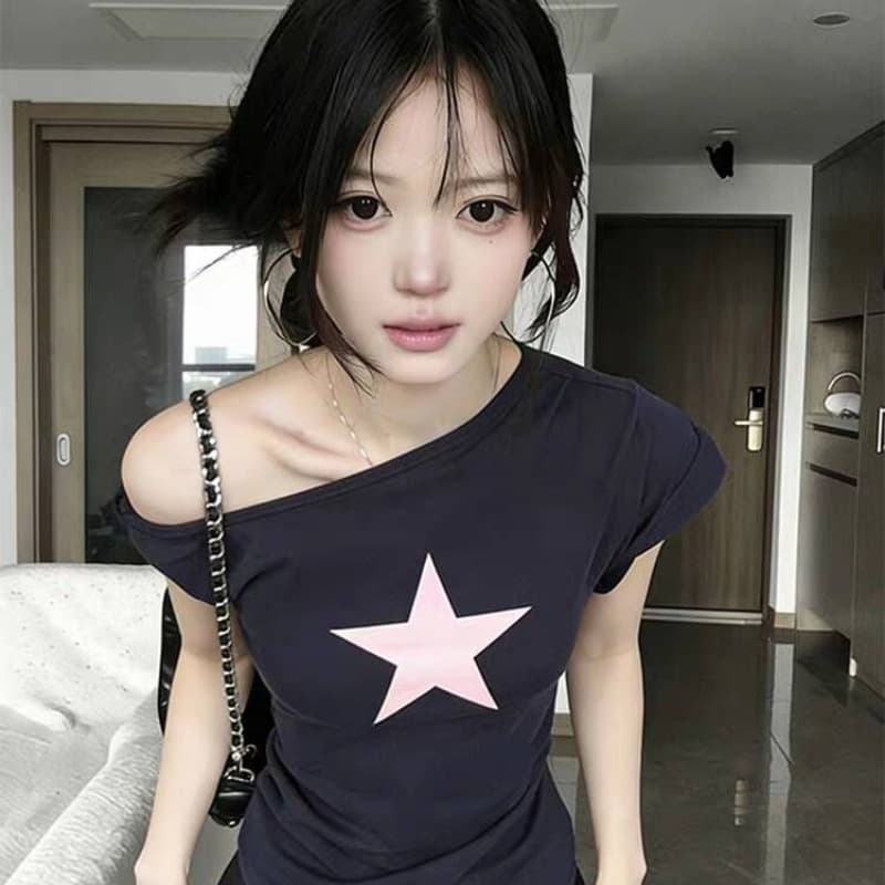 40 면 1 1 오스트리아 세대 서울 220 그램 아메리칸 핫걸 비스듬한 어깨 별 프린트 반팔 티셔츠 여성 이미지 4