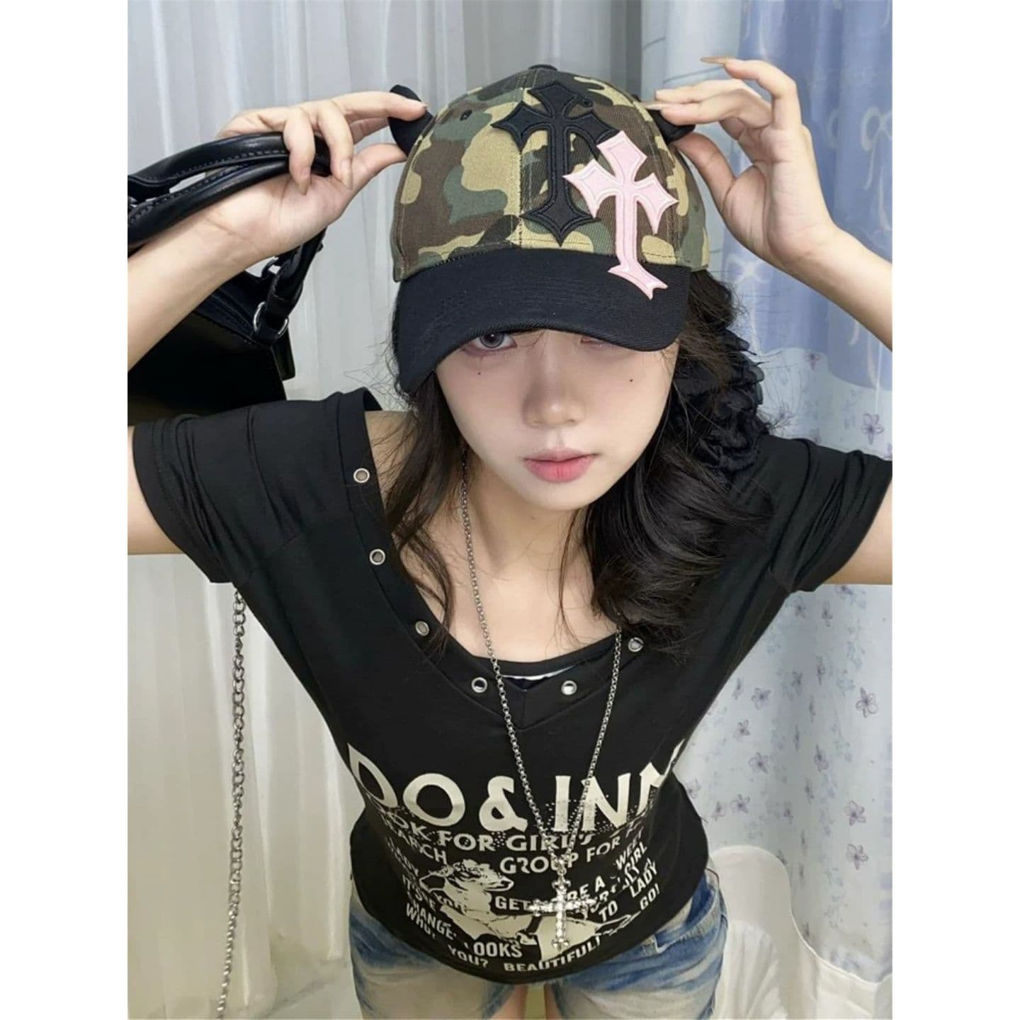40 순면 리브 210 그램 1 1 핫걸 바람 레트로 알파벳 프린트 검정색 반팔 티셔츠 상세 이미지 6
