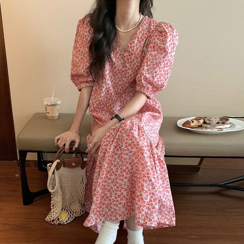 한국 chic 여름 프랑스식 달콤함 V넥 전체 화면 꽃무늬 루즈핏 패치워크 프릴 거품 소매 여성 드레스 상세 이미지 5