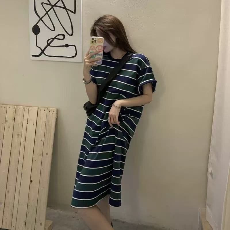 일본식 도파민 스트라이프 티셔츠 롱 스커트 한국 스타일 굴곡 루즈핏 드레스 이미지 2