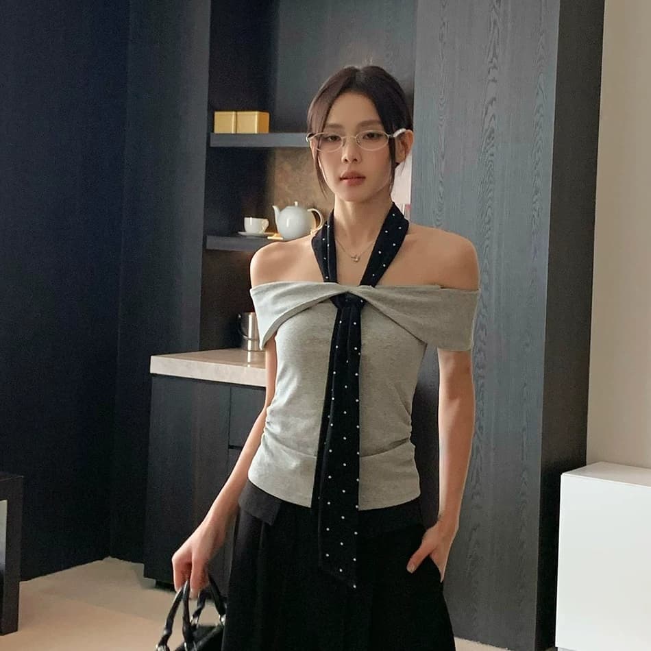 40 순면 리브 210 그램 리본 유럽 한 패션 새로운 순수한 욕망 핫걸 도트 무늬 넥타이 오프숄더 새로운 이미지 2