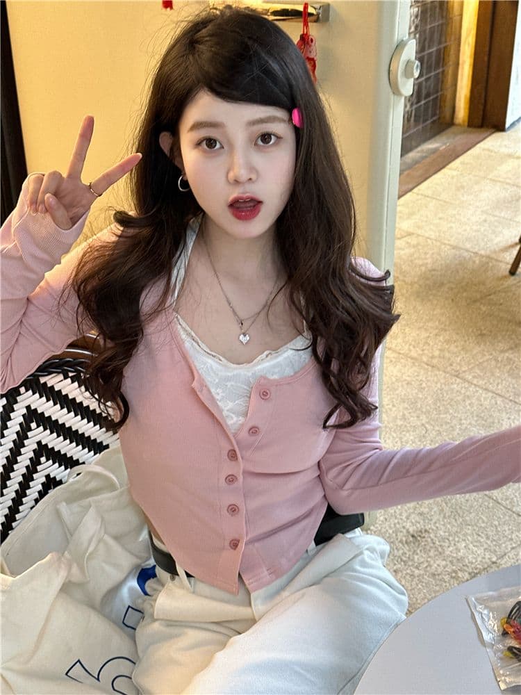 2026 순수한 욕망 부서 페이크 레이어드 맨위 봄 행침 목 Chic 몸매 가꾸기 곡선 밑단 슬림해 보이는 티셔츠 여성 상세 이미지 3