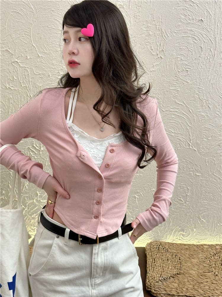 2026 순수한 욕망 부서 페이크 레이어드 맨위 봄 행침 목 Chic 몸매 가꾸기 곡선 밑단 슬림해 보이는 티셔츠 여성 상세 이미지 5