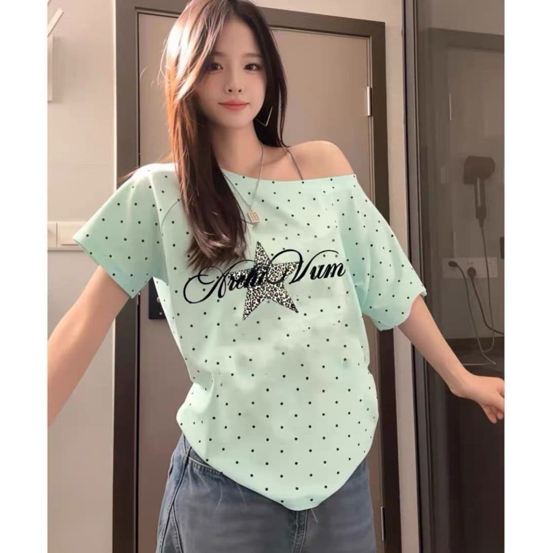 220 그램 40 순면 오스트리아 세대 서울 도트 무늬 비스듬한 어깨 반팔 티셔츠 여성
