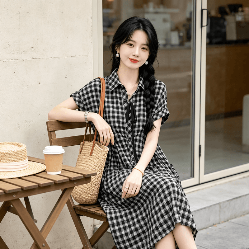 여름 새로운 체크무늬 디자인 센스 빅 사이즈 중청년 착용 가져 가라. 옷 고급 패션 롱 코트 POLO 칼라 드레스 상세 이미지 1