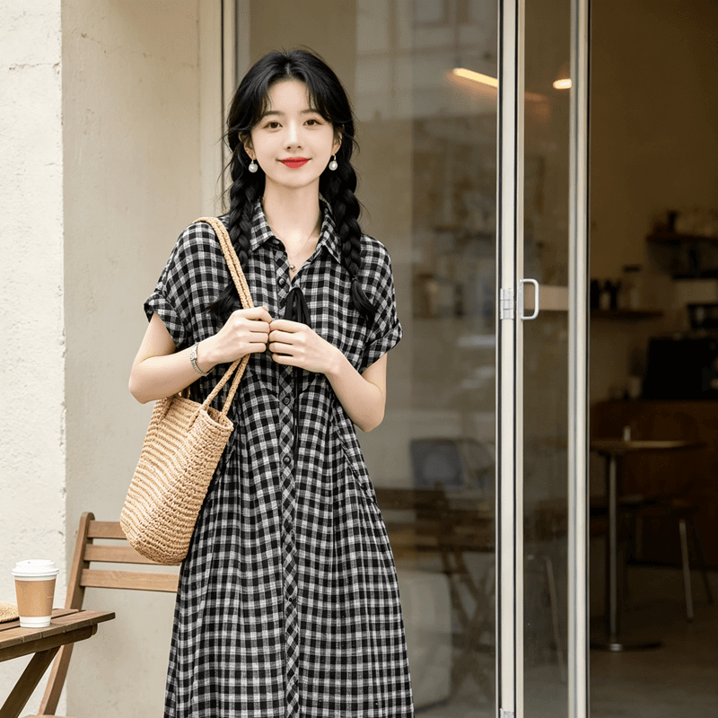 여름 새로운 체크무늬 디자인 센스 빅 사이즈 중청년 착용 가져 가라. 옷 고급 패션 롱 코트 POLO 칼라 드레스 상세 이미지 4